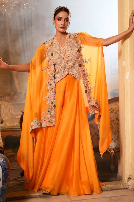 Nehha Nhata_Orange Organza Embroidery V-neck Hand Cape With Sharara _Online_at_Aza_Fashions