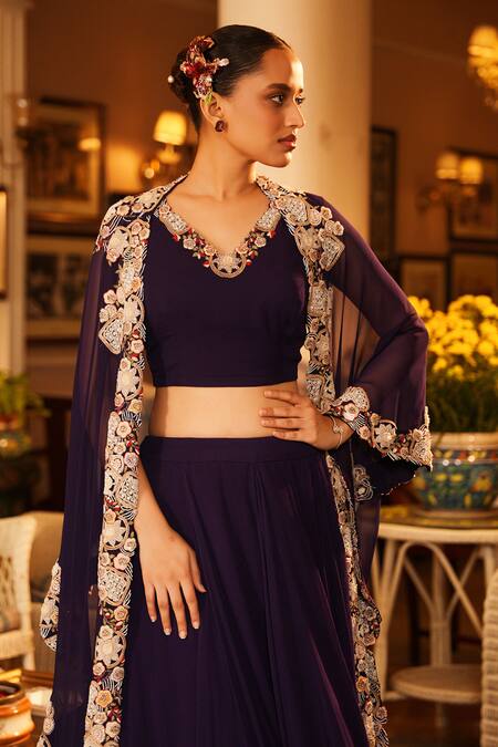 Buy Nehha Nhata Purple Georgette Embroidery V-neck Hand Cape Lehenga Set Online at Aza Fashions Buy_Nehha Nhata_Purple Georgette Embroidery V-neck Hand Cape Lehenga Set _Online_at_Aza_Fashions