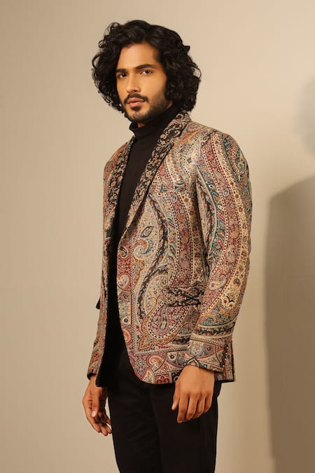 Shop_Dusala_Multi Color Wool, Silk Raj Floral Woven Jacket _Online_at_Aza_Fashions