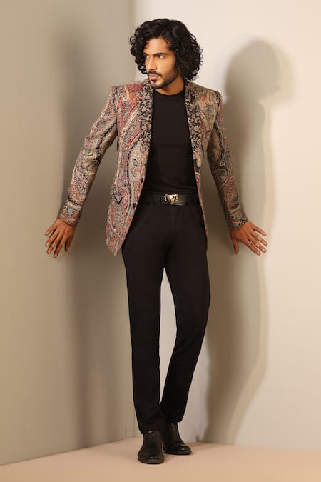 Shop_Dusala_Multi Color Wool, Silk Raj Floral Woven Jacket 