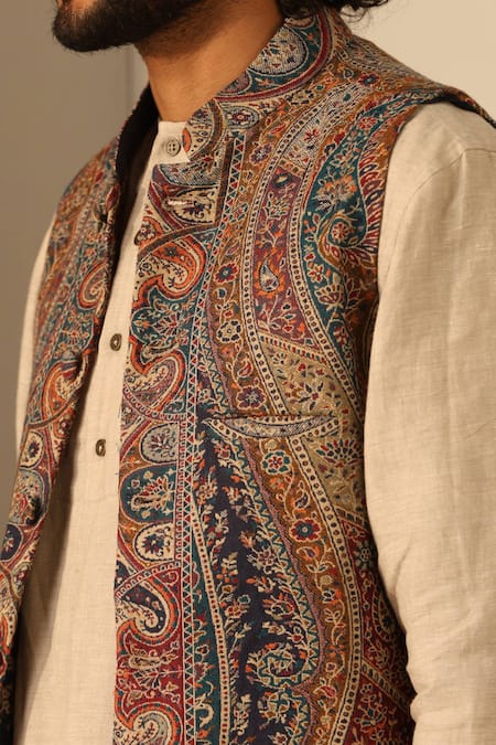 Dusala Multi Color Silk, Wool Embroidery Paisley Woven Multicolor Nehru Jacket Online at Aza Fashions Dusala_Multi Color Silk, Wool Embroidery Paisley Woven Multicolor Nehru Jacket _Online_at_Aza_Fashions
