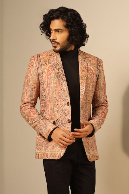 Shop_Dusala_Beige Wool, Silk Embroidery Aarav Paisley Woven Jacket _at_Aza_Fashions