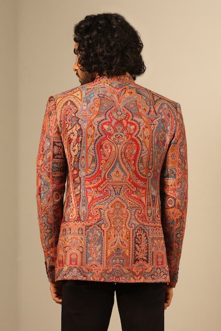 Shop_Dusala_Multi Color Wool, Silk Embroidery Vihaan Flower Woven Bandhgala _at_Aza_Fashions