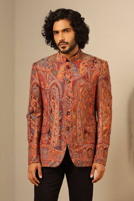 Buy_Dusala_Multi Color Wool, Silk Embroidery Vihaan Flower Woven Bandhgala _Online_at_Aza_Fashions