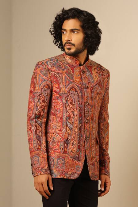 Shop_Dusala_Multi Color Wool, Silk Embroidery Vihaan Flower Woven Bandhgala _Online_at_Aza_Fashions