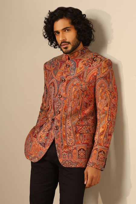 Dusala_Multi Color Wool, Silk Embroidery Vihaan Flower Woven Bandhgala _at_Aza_Fashions