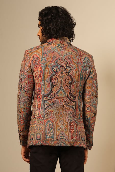 Shop_Dusala_Multi Color Wool, Silk Embroidery Kabir Bloom Woven Bandhgala _at_Aza_Fashions