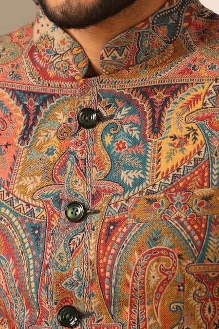Dusala_Multi Color Wool, Silk Embroidery Kabir Bloom Woven Bandhgala _Online_at_Aza_Fashions