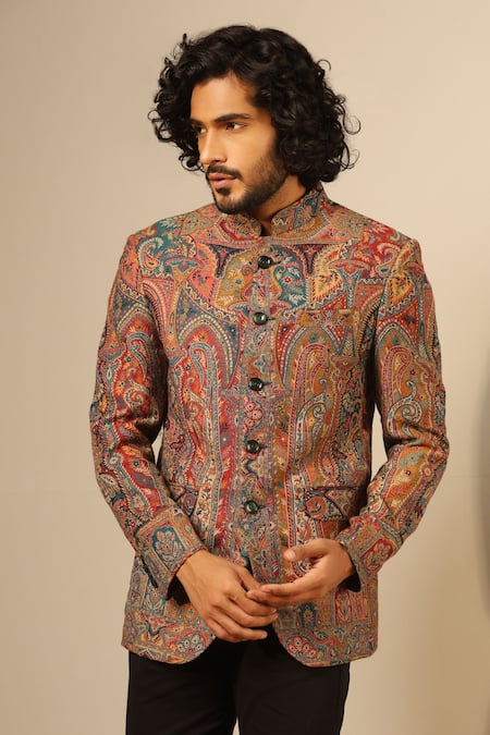 Shop_Dusala_Multi Color Wool, Silk Embroidery Kabir Bloom Woven Bandhgala _Online_at_Aza_Fashions