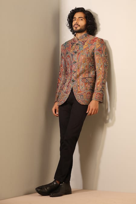 Dusala_Multi Color Wool, Silk Embroidery Kabir Bloom Woven Bandhgala _at_Aza_Fashions