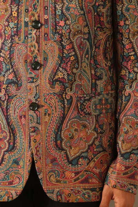 Dusala Multi Color Wool, Silk Embroidery Rehan Floral Paisley Woven Bandhgala Online at Aza Fashions Dusala_Multi Color Wool, Silk Embroidery Rehan Floral Paisley Woven Bandhgala _Online_at_Aza_Fashions