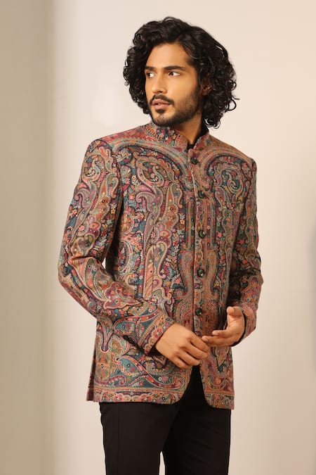 Shop Dusala Multi Color Wool, Silk Embroidery Rehan Floral Paisley Woven Bandhgala Online at Aza Fashions Shop_Dusala_Multi Color Wool, Silk Embroidery Rehan Floral Paisley Woven Bandhgala _Online_at_Aza_Fashions
