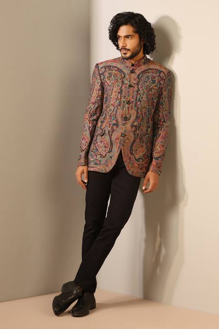 Dusala Multi Color Wool, Silk Embroidery Rehan Floral Paisley Woven Bandhgala at Aza Fashions Dusala_Multi Color Wool, Silk Embroidery Rehan Floral Paisley Woven Bandhgala _at_Aza_Fashions