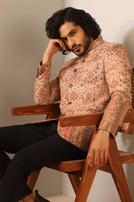 Dusala Beige Wool, Silk Embroidery Advait Florette Woven Bandhgala Online at Aza Fashions Dusala_Beige Wool, Silk Embroidery Advait Florette Woven Bandhgala _Online_at_Aza_Fashions