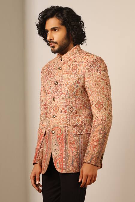 Shop Dusala Beige Wool, Silk Embroidery Advait Florette Woven Bandhgala Online at Aza Fashions Shop_Dusala_Beige Wool, Silk Embroidery Advait Florette Woven Bandhgala _Online_at_Aza_Fashions