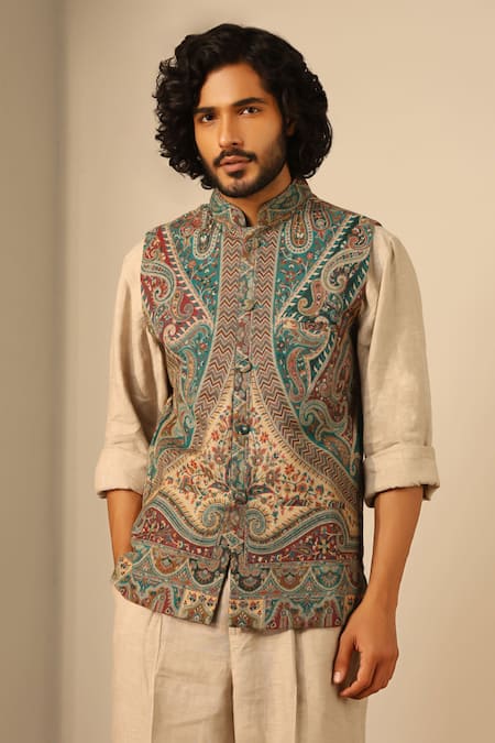 DUSALA Green Fine Wool Silk Woven Floral Yuvan Paisley Nehru Jacket 