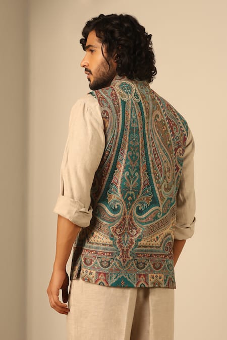 Shop_Dusala_Green Silk, Wool Embroidery Paisley Floral Woven Nehru Jacket _at_Aza_Fashions