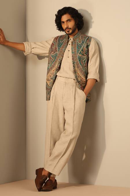 Dusala_Green Silk, Wool Embroidery Paisley Floral Woven Nehru Jacket _Online_at_Aza_Fashions