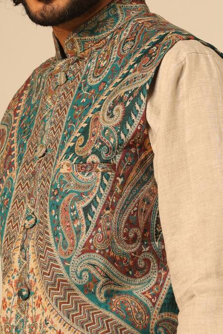 Buy_Dusala_Green Silk, Wool Embroidery Paisley Floral Woven Nehru Jacket _Online_at_Aza_Fashions