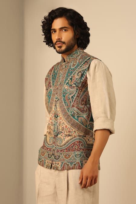 Shop_Dusala_Green Silk, Wool Embroidery Paisley Floral Woven Nehru Jacket _Online_at_Aza_Fashions