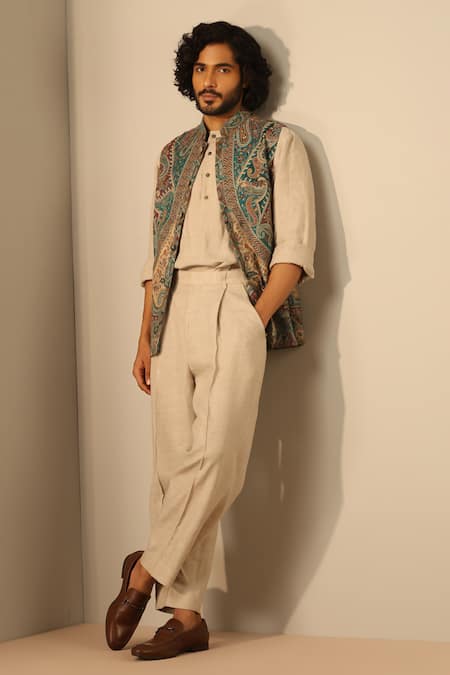 Dusala_Green Silk, Wool Embroidery Paisley Floral Woven Nehru Jacket _at_Aza_Fashions