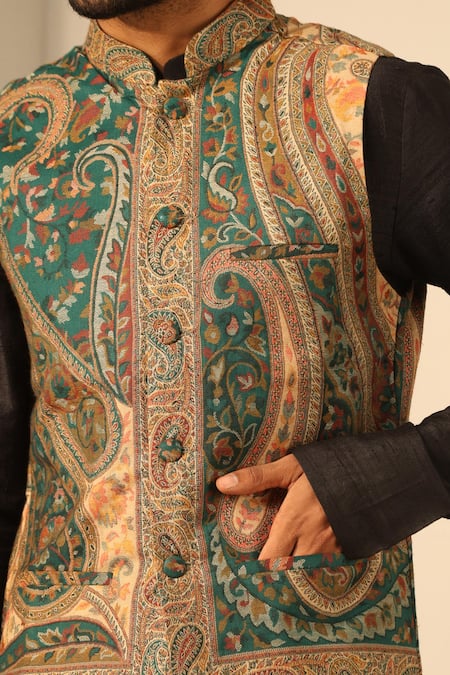 Dusala_Multi Color Silk, Wool Embroidery Multicolor Paisley Woven Nehru Jacket_Online_at_Aza_Fashions