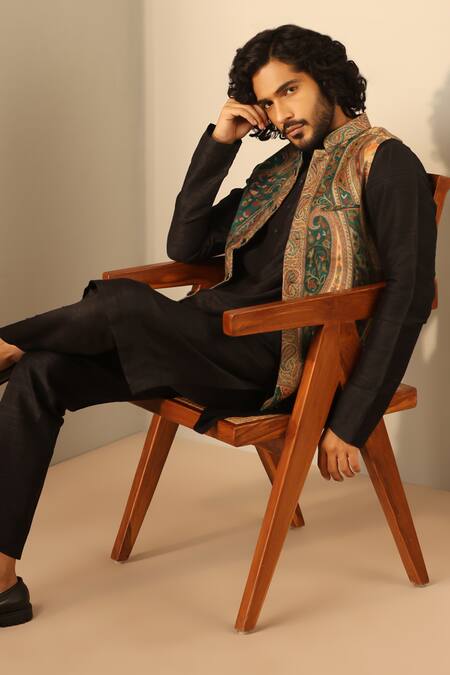 Buy_Dusala_Multi Color Silk, Wool Embroidery Multicolor Paisley Woven Nehru Jacket_Online_at_Aza_Fashions