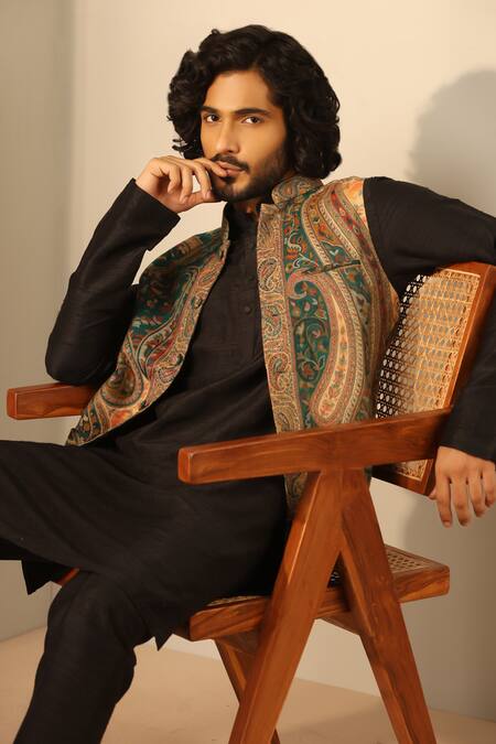 Shop_Dusala_Multi Color Silk, Wool Embroidery Multicolor Paisley Woven Nehru Jacket_Online_at_Aza_Fashions