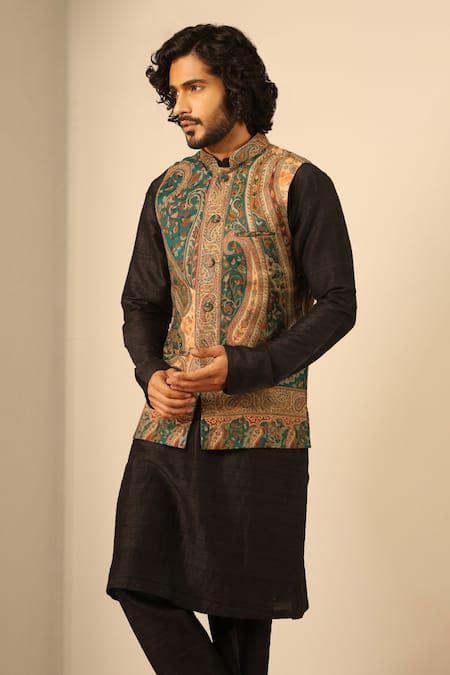 Dusala_Multi Color Silk, Wool Embroidery Multicolor Paisley Woven Nehru Jacket_at_Aza_Fashions