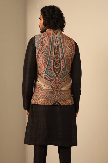 Shop_Dusala_Multi Color Silk, Wool Embroidery Multicolor Chevron And Floral Woven Nehru Jacket _at_Aza_Fashions