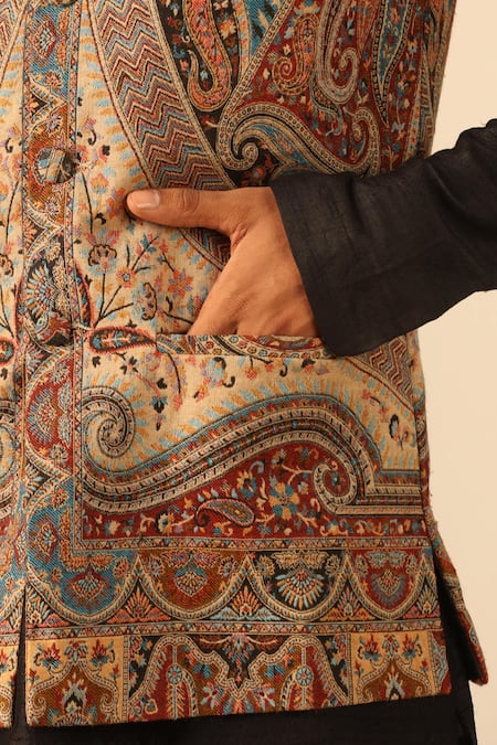 Dusala_Multi Color Silk, Wool Embroidery Multicolor Chevron And Floral Woven Nehru Jacket _Online_at_Aza_Fashions