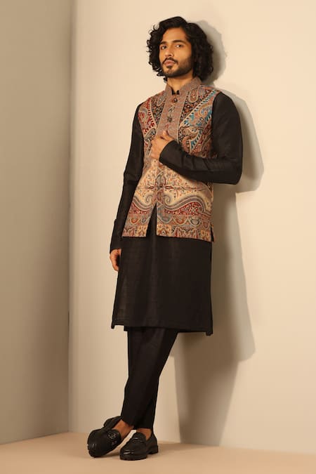 Buy_Dusala_Multi Color Silk, Wool Embroidery Multicolor Chevron And Floral Woven Nehru Jacket _Online_at_Aza_Fashions