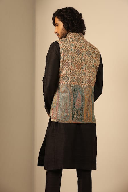 Shop Dusala Multi Color Silk, Wool Embroidery Multicolor Geometric Woven Nehru Jacket at Aza Fashions Shop_Dusala_Multi Color Silk, Wool Embroidery Multicolor Geometric Woven Nehru Jacket_at_Aza_Fashions