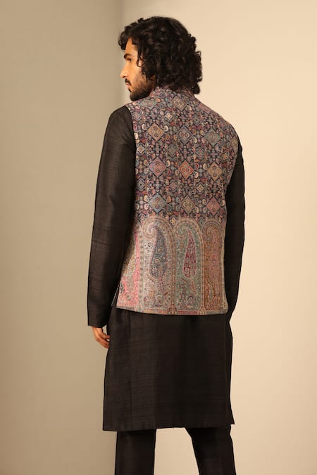 Shop Dusala Blue Silk, Wool Embroidery Mughal Woven Nehru Jacket at Aza Fashions Shop_Dusala_Blue Silk, Wool Embroidery Mughal Woven Nehru Jacket _at_Aza_Fashions