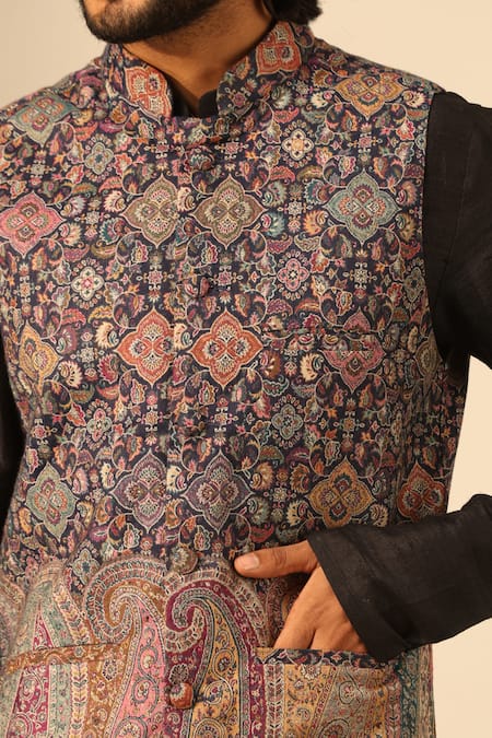 Dusala Blue Silk, Wool Embroidery Mughal Woven Nehru Jacket Online at Aza Fashions Dusala_Blue Silk, Wool Embroidery Mughal Woven Nehru Jacket _Online_at_Aza_Fashions