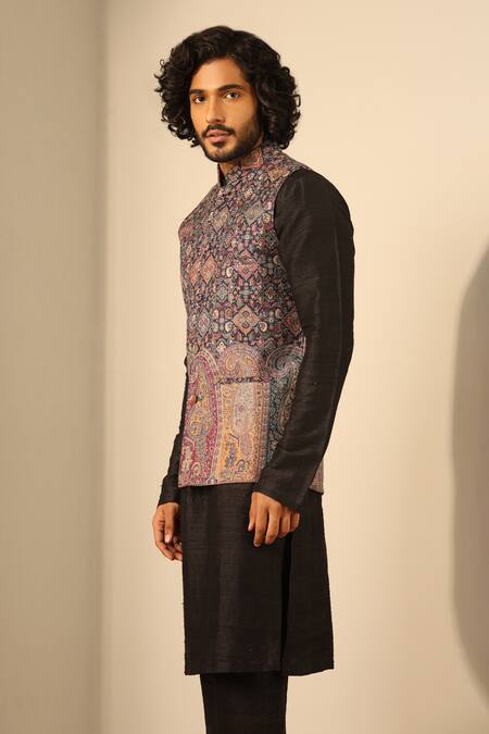 Shop Dusala Blue Silk, Wool Embroidery Mughal Woven Nehru Jacket Online at Aza Fashions Shop_Dusala_Blue Silk, Wool Embroidery Mughal Woven Nehru Jacket _Online_at_Aza_Fashions