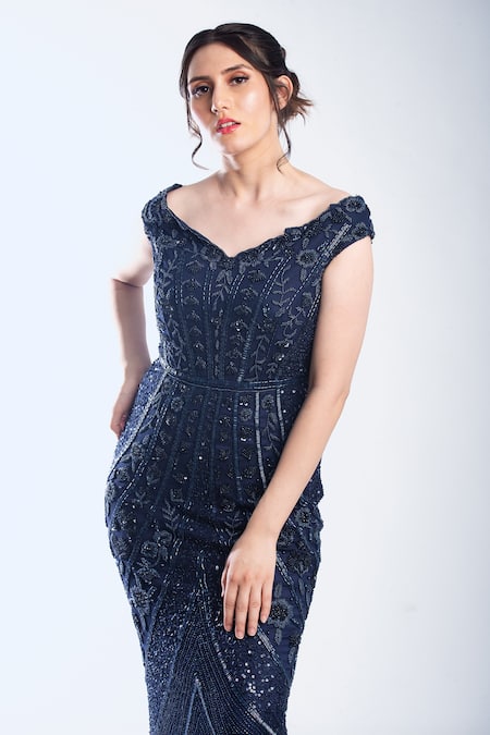 Ambrosia Blue Nylon Sequins, Beads, Cut Work V-neck Starburst Cordelia Embellished Gown Online at Aza Fashions Ambrosia_Blue Nylon Sequins, Beads, Cut Work V-neck Starburst Cordelia Embellished Gown _Online_at_Aza_Fashions