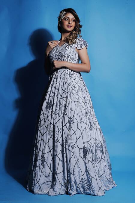 Ambrosia_White Nylon Crystals, Cut Work V-neck Cosmic Nightfall Embellished Gown _Online_at_Aza_Fashions