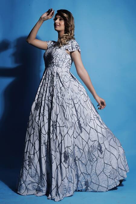 Shop_Ambrosia_White Nylon Crystals, Cut Work V-neck Cosmic Nightfall Embellished Gown _Online_at_Aza_Fashions