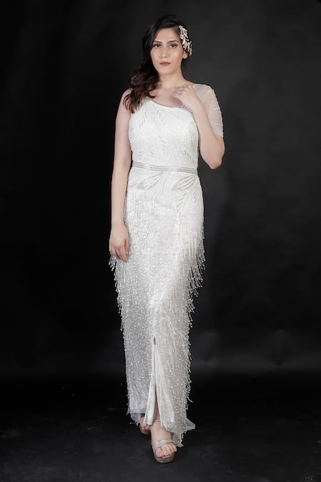 Ambrosia_White Nylon Pearls, Beads, Cut Work Asymmetric Synodic Fallen Mist Shimmy Gown _Online_at_Aza_Fashions