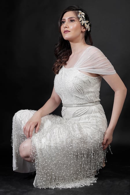 Buy_Ambrosia_White Nylon Pearls, Beads, Cut Work Asymmetric Synodic Fallen Mist Shimmy Gown _Online_at_Aza_Fashions