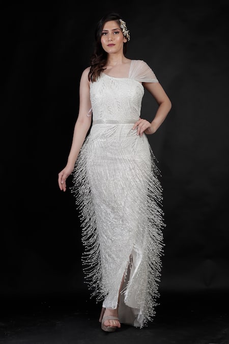 Shop_Ambrosia_White Nylon Pearls, Beads, Cut Work Asymmetric Synodic Fallen Mist Shimmy Gown _Online_at_Aza_Fashions