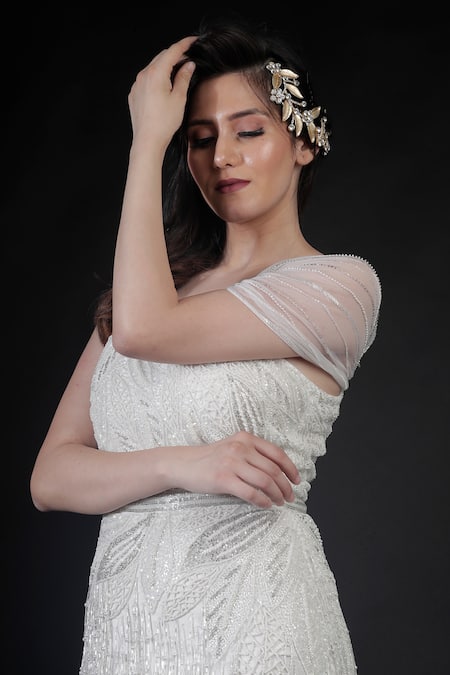 Ambrosia_White Nylon Pearls, Beads, Cut Work Asymmetric Synodic Fallen Mist Shimmy Gown _at_Aza_Fashions