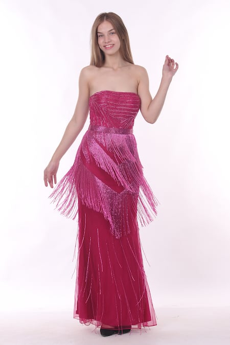 Shop_Ambrosia_Pink Nylon Embroidery Off-shoulder Skyfall Gilded Shimmy Gown _Online_at_Aza_Fashions