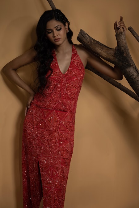Buy_Ambrosia_Orange Nylon Sequins, Beads Halter Neck Serene Prism Embellished Gown _Online_at_Aza_Fashions