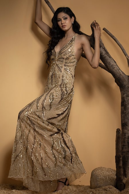 Ambrosia Gold Nylon Sequins, Beads Halter Neck Auburn Dusk Embellished Gown Online at Aza Fashions Ambrosia_Gold Nylon Sequins, Beads Halter Neck Auburn Dusk Embellished Gown _Online_at_Aza_Fashions