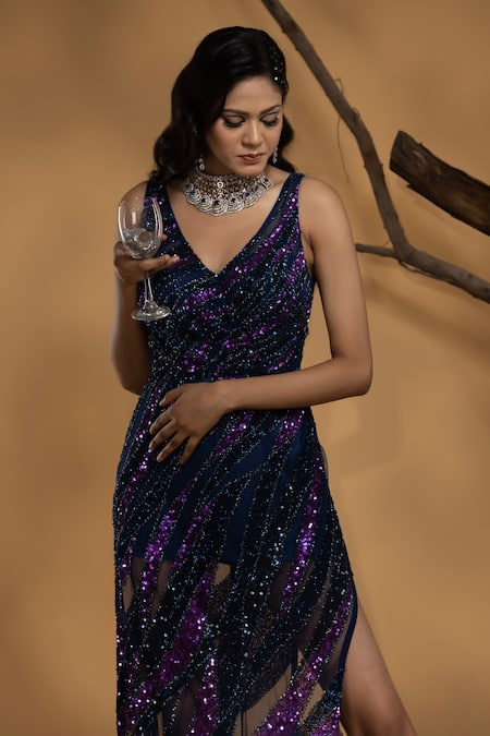 Ambrosia_Blue Nylon Sequins, Cut Work V-neck Cassini Equinox Embellished Gown _Online_at_Aza_Fashions