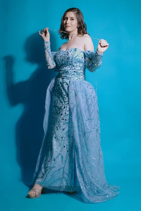 Ambrosia Blue Shell 100% Nylon Mesh Ophelia Glitch Gown With Detachable Skirt 