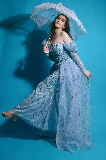 Ambrosia_Blue Nylon Sequins, Ophelia Glitch Embellished Gown With Detachable Skirt _Online_at_Aza_Fashions