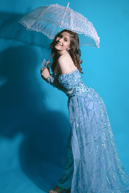 Buy_Ambrosia_Blue Nylon Sequins, Ophelia Glitch Embellished Gown With Detachable Skirt _Online_at_Aza_Fashions